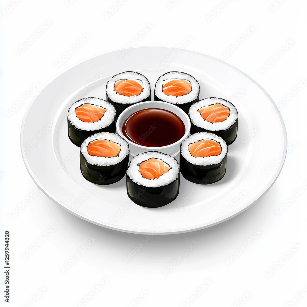 Plate of Sushi Rolls with soy sauce, isolated on white Plate of Sushi Rolls with soy sauce, isolated on white