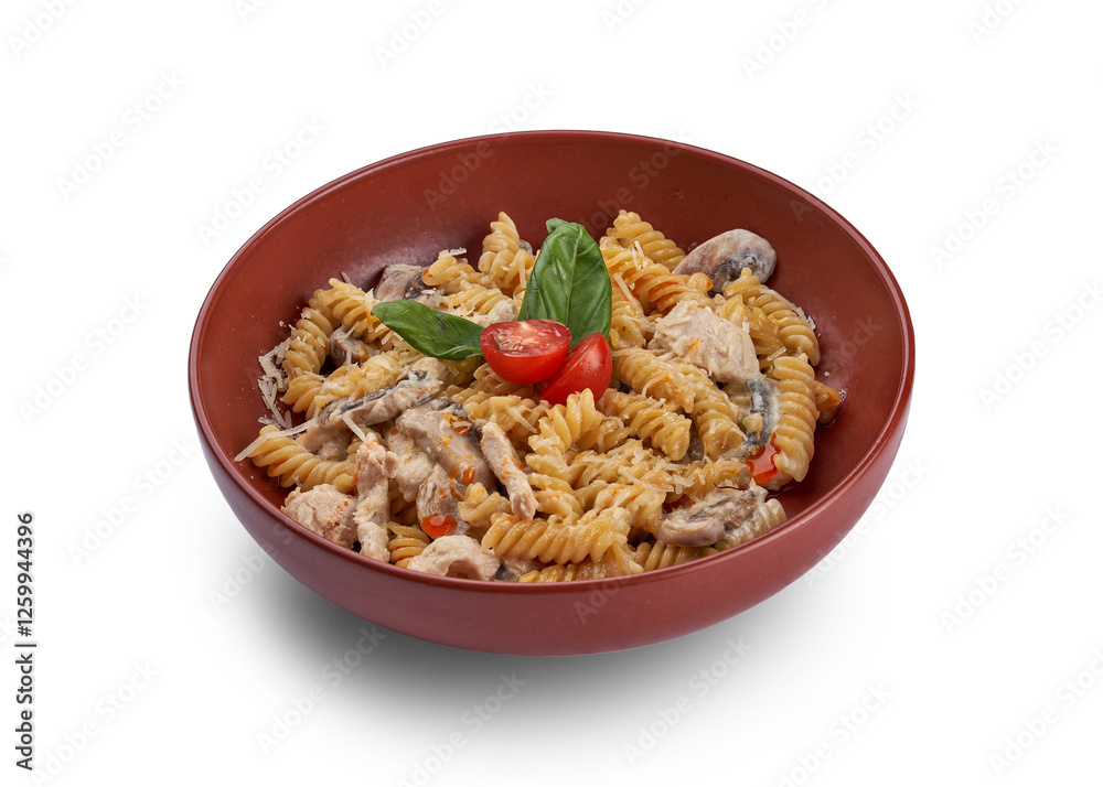 A vibrant and appetizing plate of creamy pasta with grilled chicken and mushrooms, topped with fresh basil and cherry tomatoes A vibrant and appetizing plate of creamy pasta with grilled chicken and mushrooms, topped with fresh basil and cherry tomatoes
