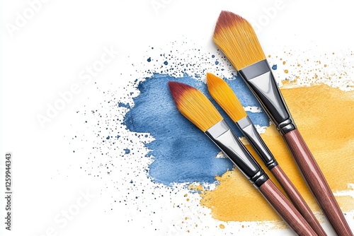 Close up of paintbrushes on vibrant blue and gold paint splash against white background inspiring creativity and artistic expressi photo