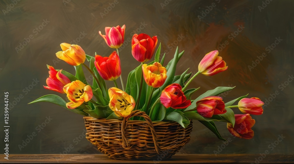 Obraz premium Colorful bouquet of tulips in a basket on the table in the room. A gift for women's day or birthday.