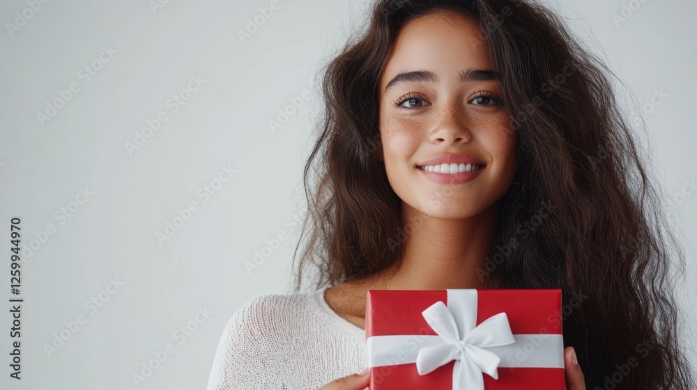 Portrait of a happy pretty latin hispanic woman holding giving red present box gift with white ribbon bow while standing and looking at camera isolated over white background Portrait of a happy pretty latin hispanic woman holding giving red present box gift with white ribbon bow while standing and looking at camera isolated over white background