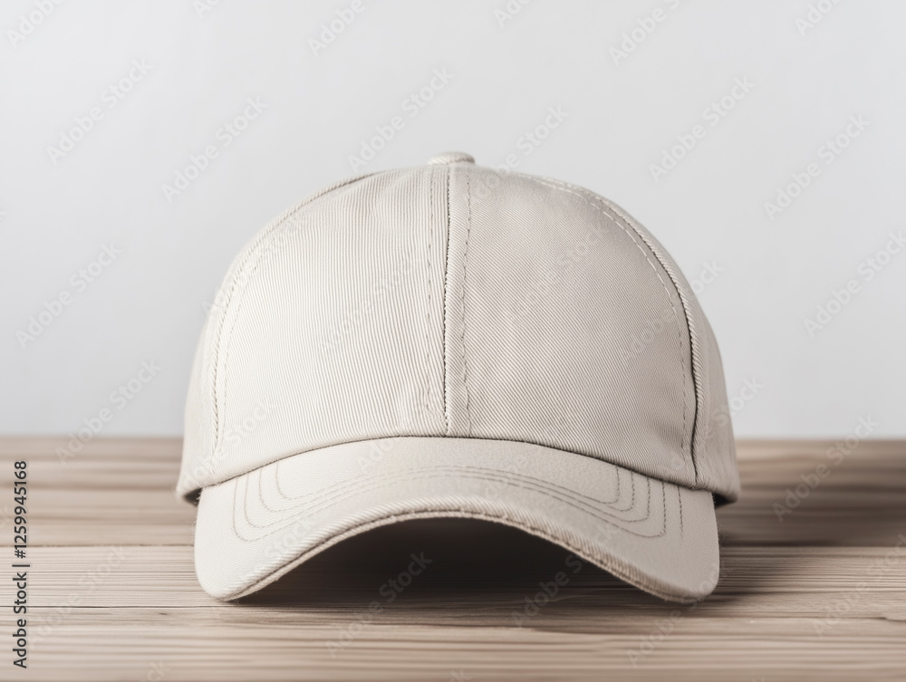 High-quality close-up of an unprinted basecap on a wooden table for professional use. High-quality close-up of an unprinted basecap on a wooden table for professional use.