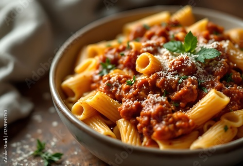 Rigatoni Bolognese Topped with Parmesan and Parsley in a Bowl