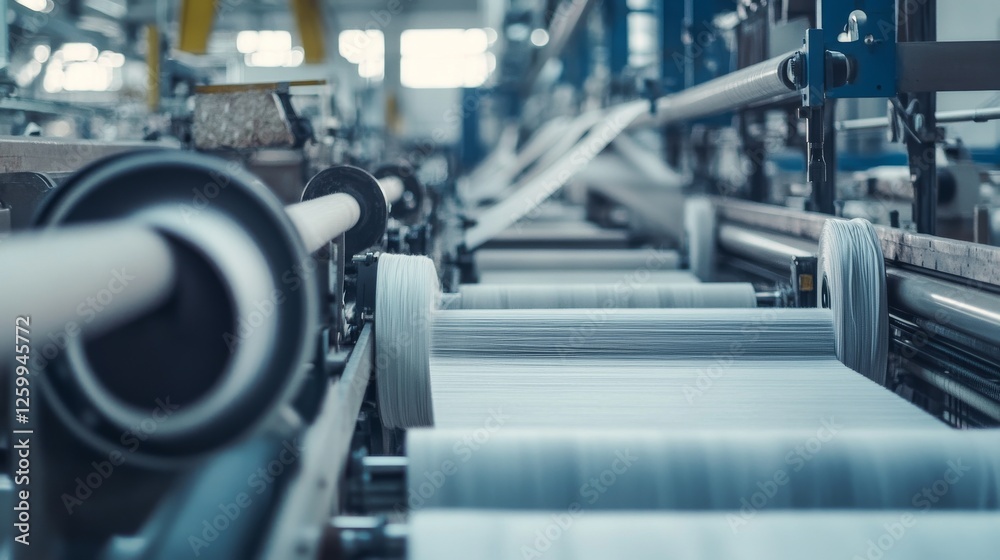 Fototapeta premium Textile factory with weaving machines and fabric rolls. Featuring textile manufacturing. Highlighting industrial production and material quality. Ideal for textile industry visuals.