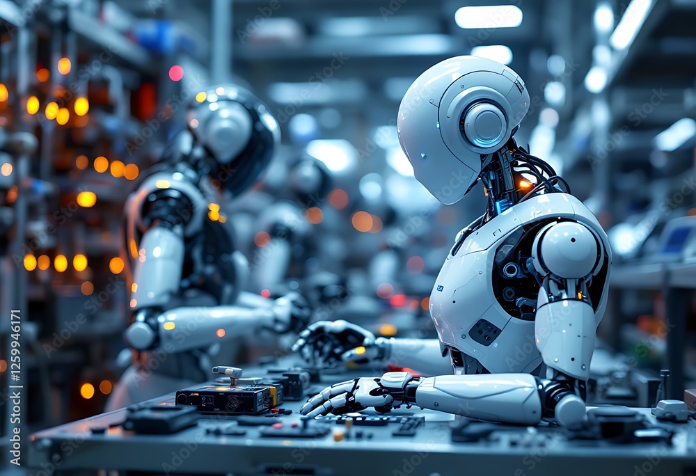 Fototapeta premium Robots Assembling Electronic Components in Manufacturing Setting Future Technology Concept