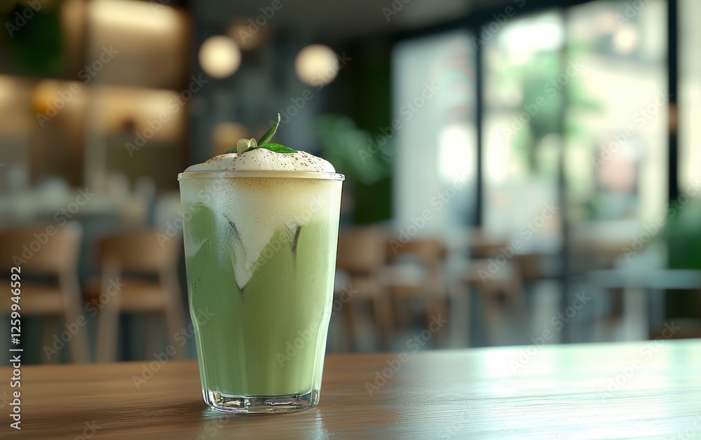Glass of iced matcha latte with foam on top, against a softly blurred modern cafÃ? table Glass of iced matcha latte with foam on top, against a softly blurred modern cafÃ? table