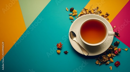 A cup of tea with dry fruit flowers and herbs isolated on a colorful background