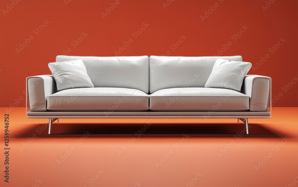 elegant three-seater sofa with light gray leather upholstery and silver metal legs on the sides, featuring white cushions in front of it, set against a dark orange background elegant three-seater sofa with light gray leather upholstery and silver metal legs on the sides, featuring white cushions in front of it, set against a dark orange background