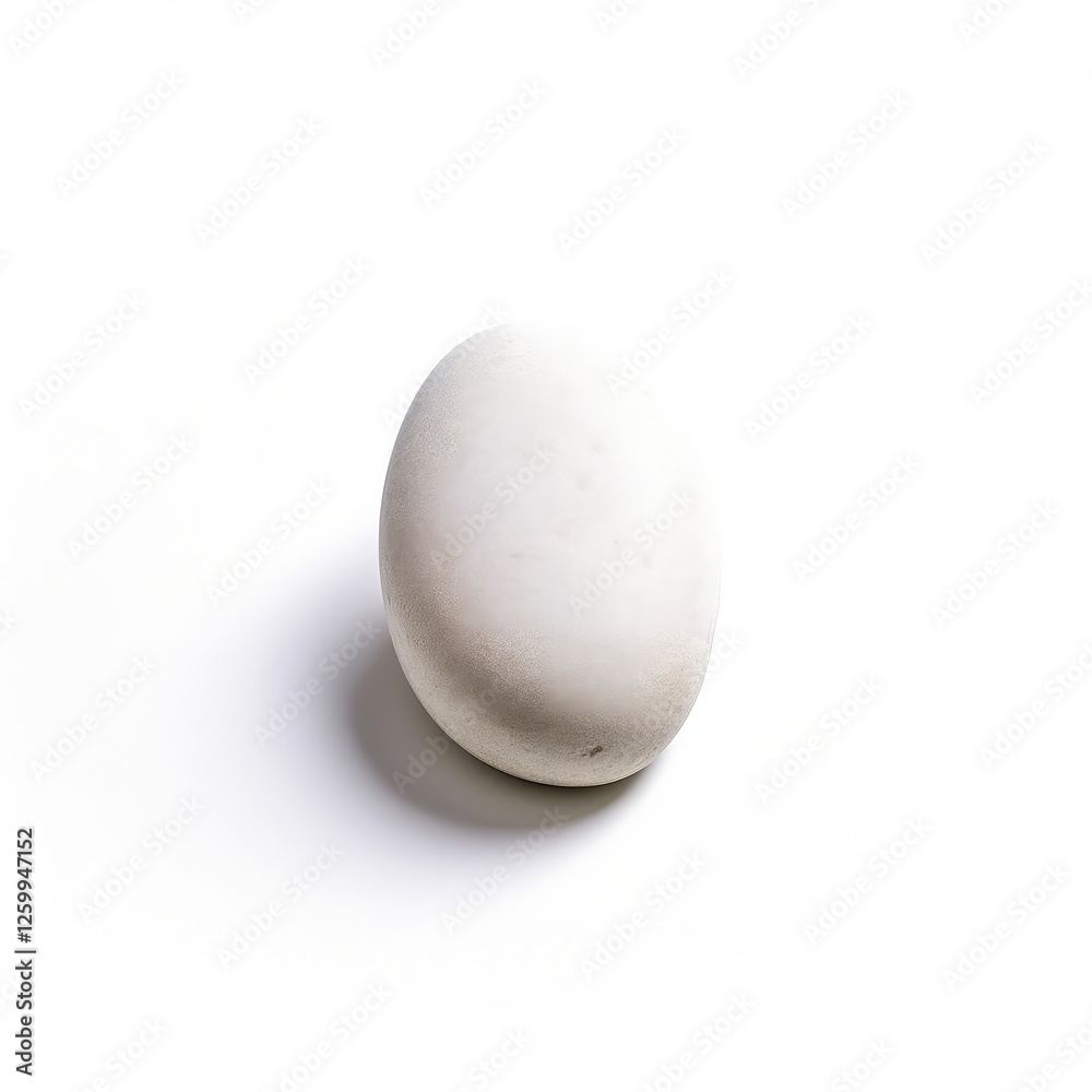 Close-up of a Single, Smooth, White Egg on a Plain White Background. Minimalist Food Photography. Close-up of a Single, Smooth, White Egg on a Plain White Background. Minimalist Food Photography.