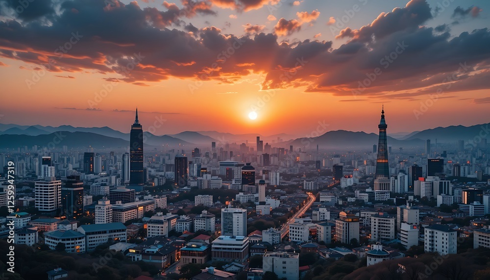Obraz premium Stunning Aerial View of Kuala Lumpur Cityscape at Sunset with Dramatic Clouds and Skyscrapers