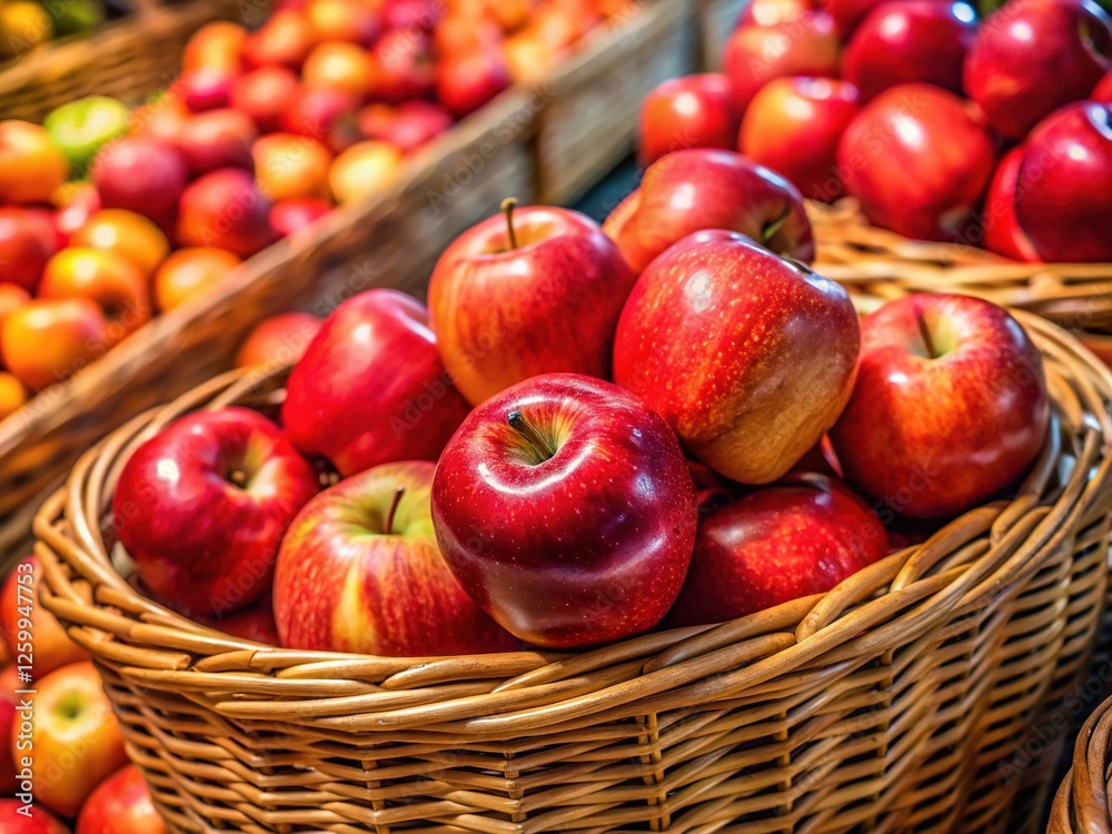 Minimalist Close-up: Red Apples in Wicker Basket on Supermarket Shelf Minimalist Close-up: Red Apples in Wicker Basket on Supermarket Shelf