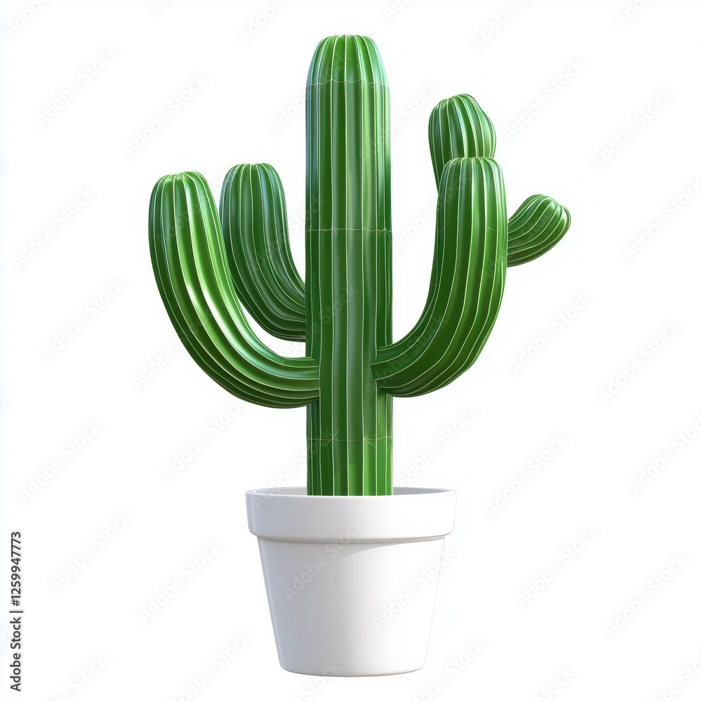 Tall green cactus with multiple arms in a ceramic pot isolated on white