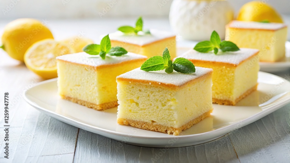 Minimalist Lemon Cake Pieces on White Dish – Delicious Dessert Stock Photo Minimalist Lemon Cake Pieces on White Dish – Delicious Dessert Stock Photo