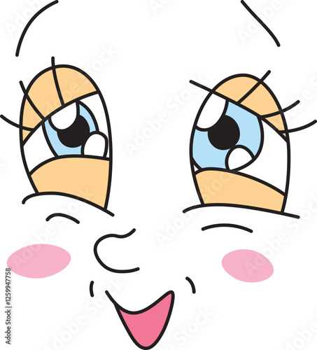 touching face with half-closed shiny big blue eyes with eyelashes and open smiling mouth with pink cheeks