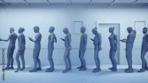 People are waiting in a long queue, 3D animation