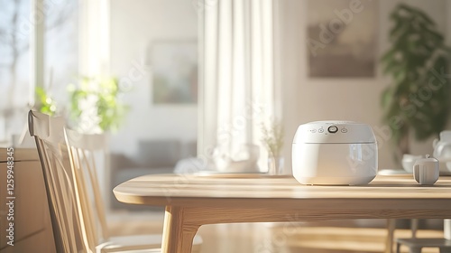 A dining room with an electronic rice cooker against a background
