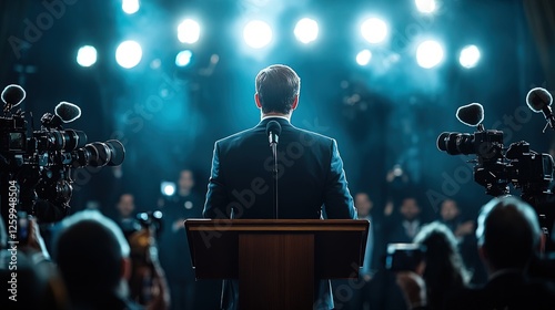 A politician standing at a podium during a press conference, cameras flashing, intense media attention