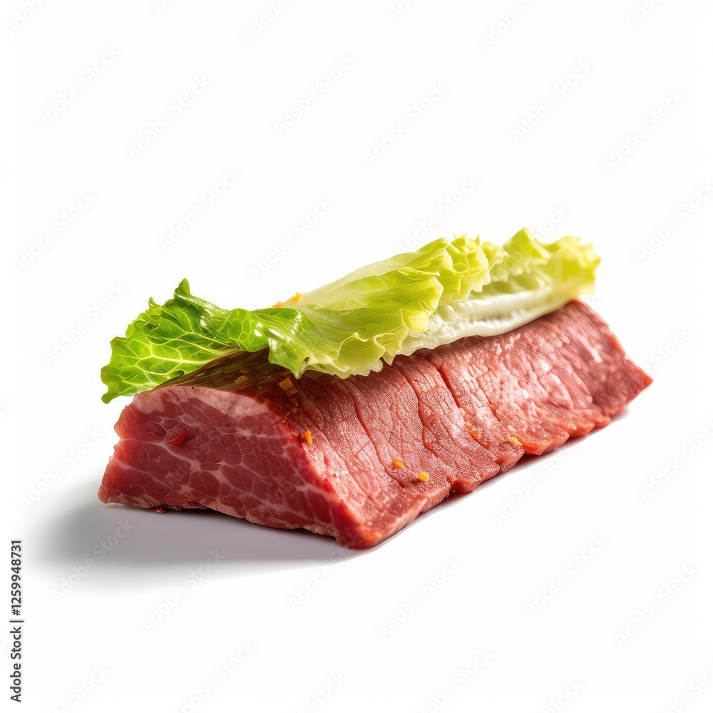 Close-up of a succulent beef dish, delicately topped with fresh lettuce. A culinary masterpiece, perfect for a gourmet meal. Close-up of a succulent beef dish, delicately topped with fresh lettuce. A culinary masterpiece, perfect for a gourmet meal.