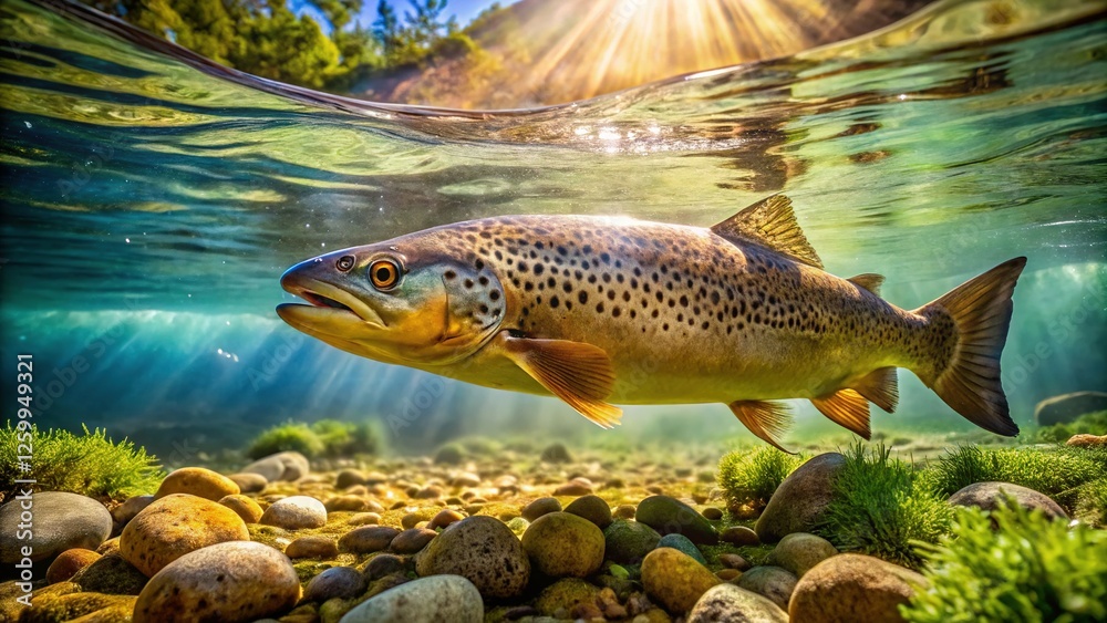 Naklejka premium Underwater Long Exposure Photo of a Brown Trout in a Crystal Clear Stream