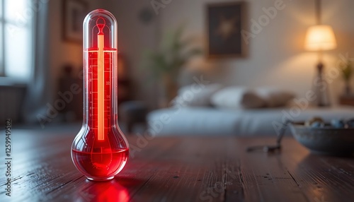 A large red liquid thermometer sits on a wooden table in a cozy living room, indicating high temperature.