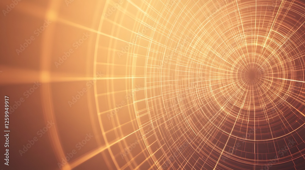 Fototapeta premium A golden technological network creates a glowing tunnel effect