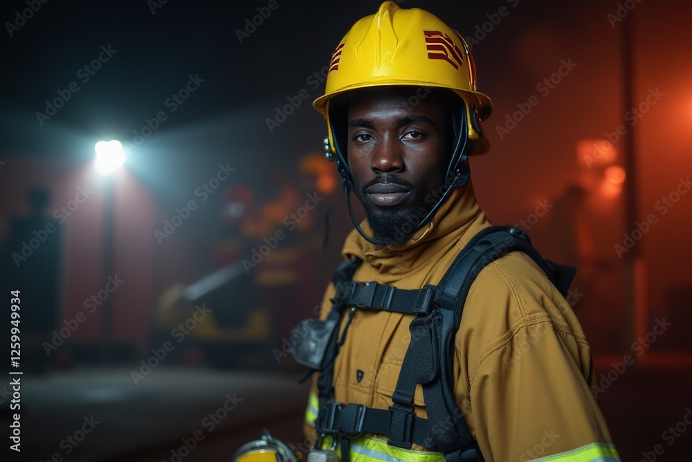 Fototapeta premium 40 years old Zambian male firefighter looking at camera against blurred firestation background.