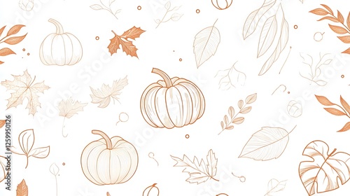 Elegant Autumn Seamless Pattern Pumpkins Leaves and Botanical Illustrations in Copper Tones
