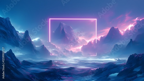 Surreal Neon Landscape Pink Glowing Frame Encircling Majestic Mountains and Misty Valley