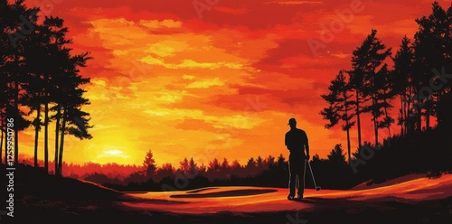 Golfer silhouette plays during a vibrant sunset on course