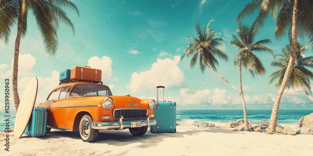 Obraz premium Retro car with luggage on tropical beach