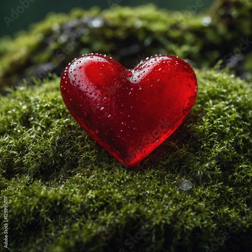 Vibrant red heart with water droplets on moss, white background.