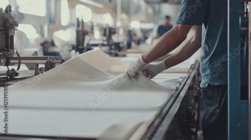 Textile manufacturing plant. Workers operating machines and handling fabrics. Emphasizing efficiency and quality in textile production. Ideal for textile industry insights.