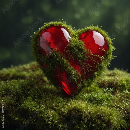 Red heart on moss, transparent backdrop.