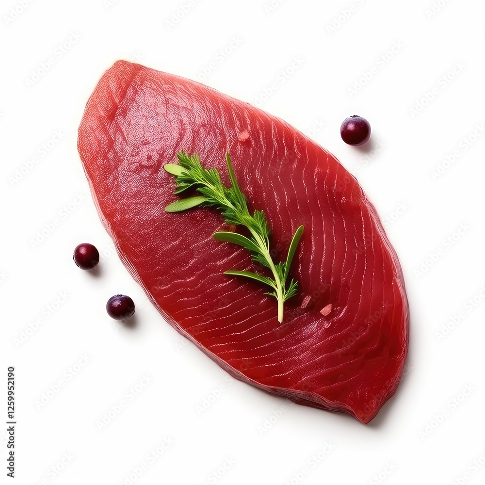 Close-up of a succulent tuna steak, garnished with rosemary and cranberries, ready to be cooked or served raw. A culinary delight! Close-up of a succulent tuna steak, garnished with rosemary and cranberries, ready to be cooked or served raw. A culinary delight!
