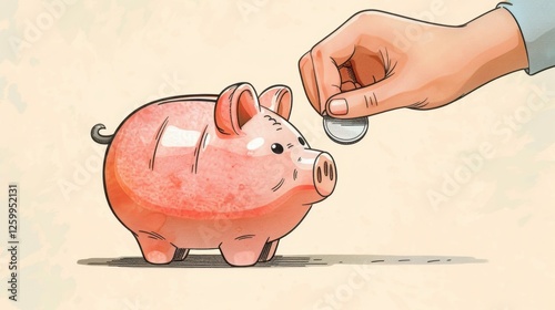 A hand dropping a coin into a piggy bank, savings concept, simple vector art