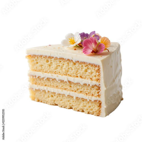 Slice of Layered Cake with White Frosting and Flower Decoration, Elegant Dessert, High-Resolution Stock Photo photo