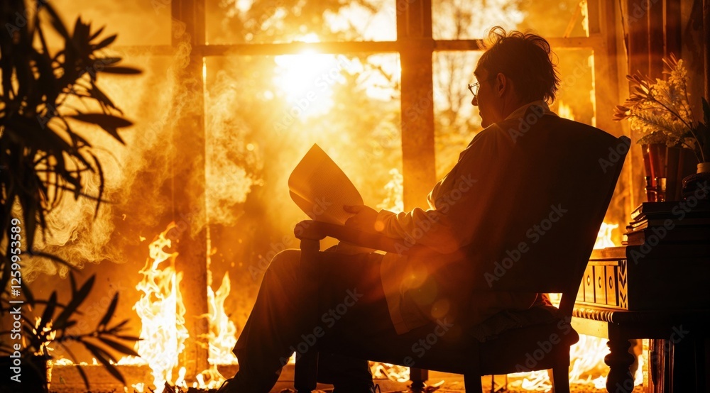 A man sits calmly reading a book amidst a fiery, dramatic background, illuminated by warm sunlight filtering through the window, creating an intense contrast between serenity and chaos A man sits calmly reading a book amidst a fiery, dramatic background, illuminated by warm sunlight filtering through the window, creating an intense contrast between serenity and chaos