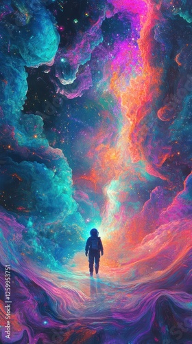 Astronaut walking through a vivid and colorful cosmic nebula