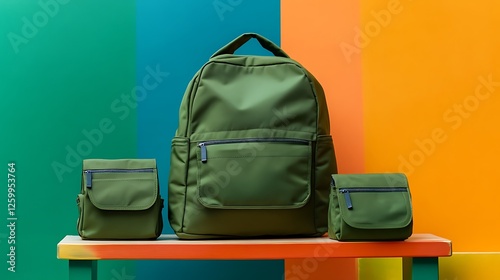 A green backpack with matching smaller pouches displayed on a wooden shelf isolated on a colorful background