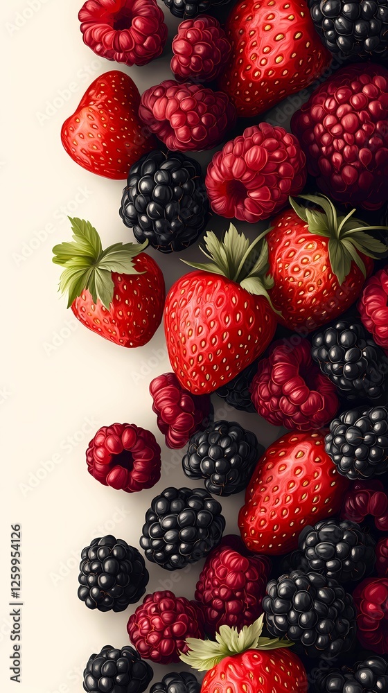 Creative illustration of mixed berries for culinary projects, highlighting their fresh appeal and vibrant colors for food designs. Storybook style. Creative illustration of mixed berries for culinary projects, highlighting their fresh appeal and vibrant colors for food designs. Storybook style.