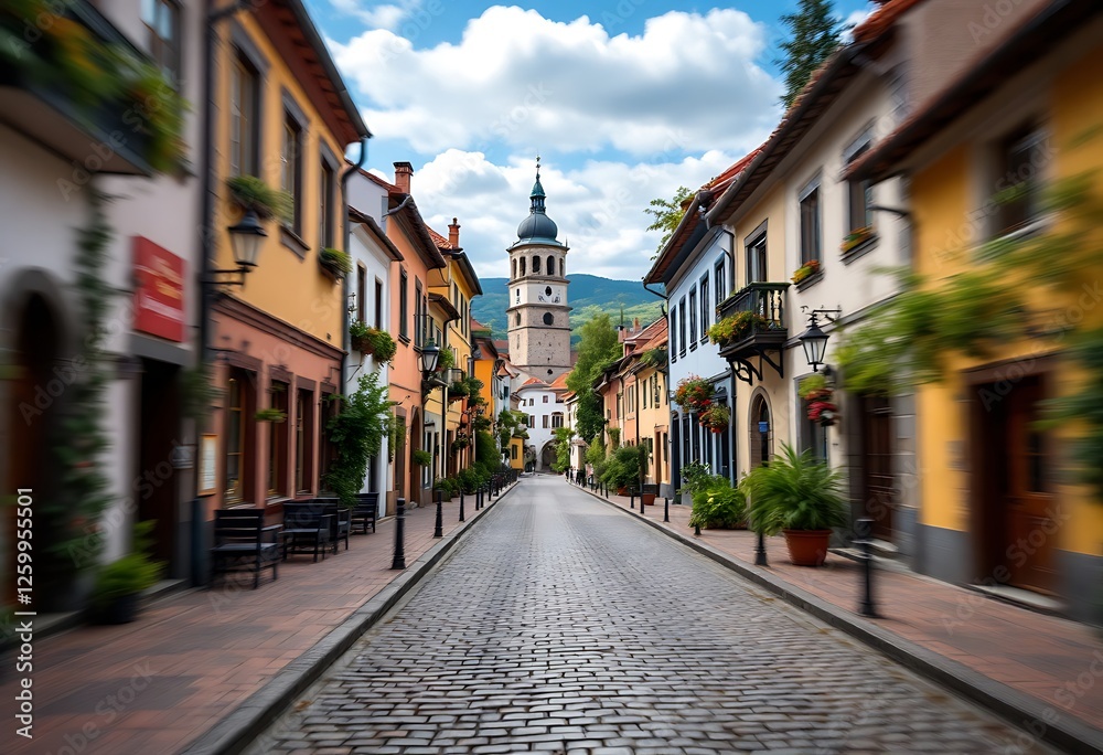 Obraz premium Walking Down Picturesque European Street with Church Tower in Distance