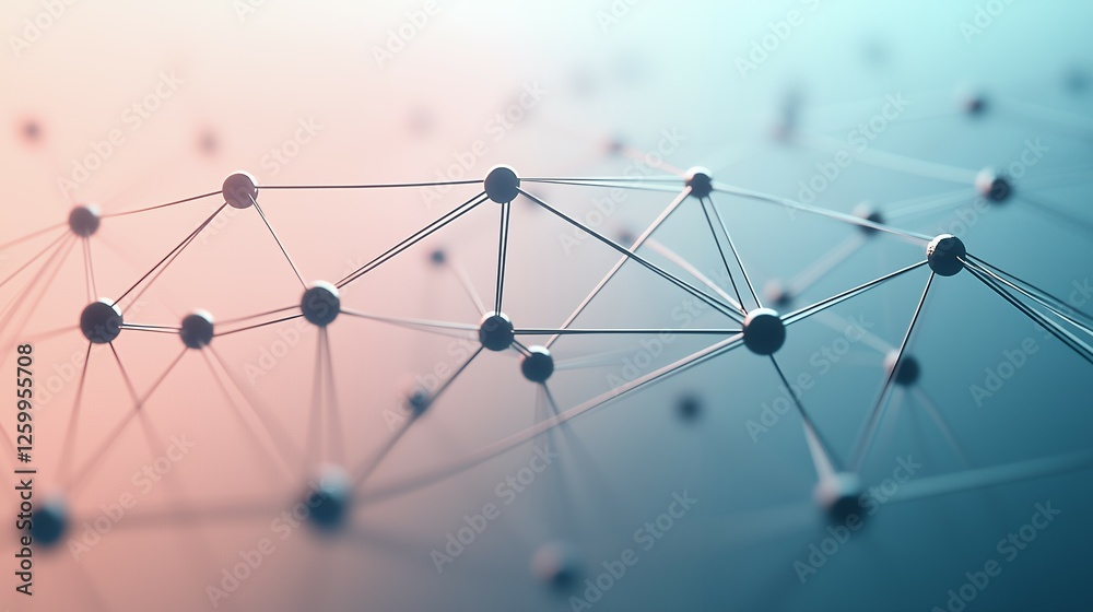 Abstract 3D rendering of interconnected spheres and lines against a soft pink and blue gradient background, concept for network technology, communication, connection, and global network visualization Abstract 3D rendering of interconnected spheres and lines against a soft pink and blue gradient background, concept for network technology, communication, connection, and global network visualization