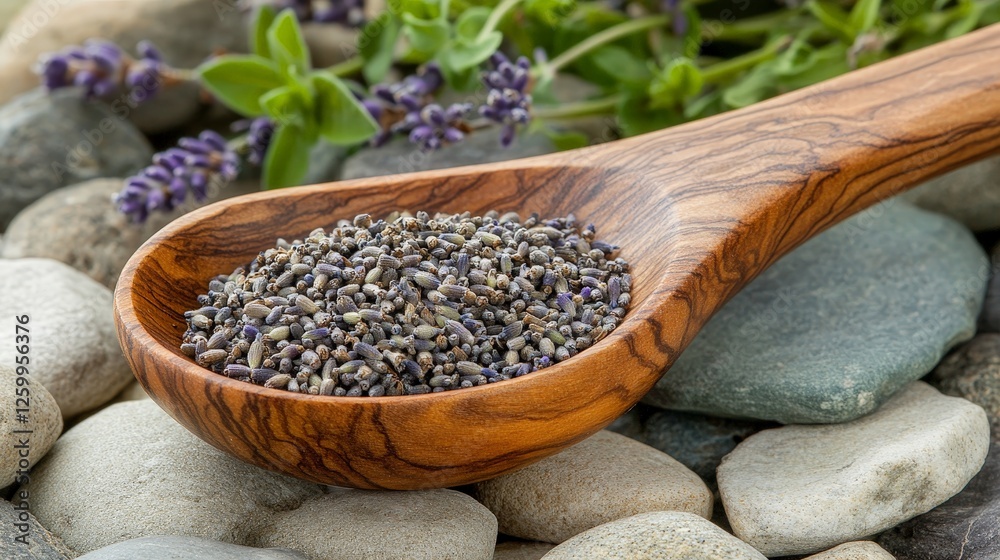 A wooden spoon filled with lavender seeds on smooth stones, surrounded by greenery. A wooden spoon filled with lavender seeds on smooth stones, surrounded by greenery.