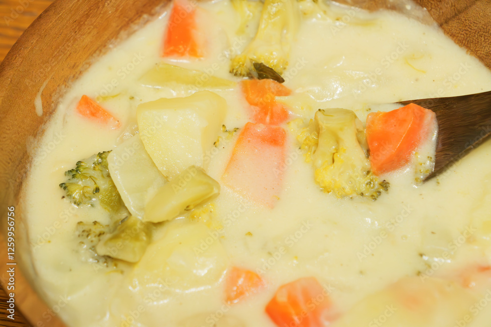 Warm stew with lots of vegetables, chicken and milk as ingredients Warm stew with lots of vegetables, chicken and milk as ingredients