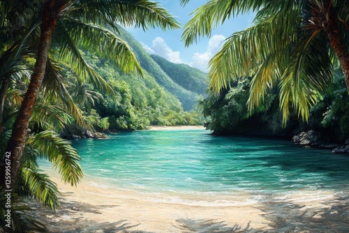 Tropical beach cove, palm trees, valley view, sunny day, travel poster