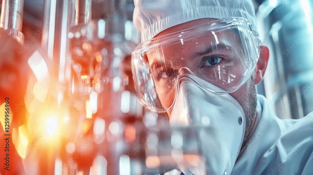Scientist Wearing Protective Gear Conducting Scientific Experiment in Laboratory Scientist Wearing Protective Gear Conducting Scientific Experiment in Laboratory