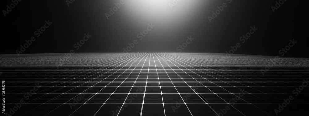 Naklejka premium Minimalist black background with abstract grid patterns. Banner template with white space in the center for text. Suitable for contemporary websites, modern posters, and clean advertisements.