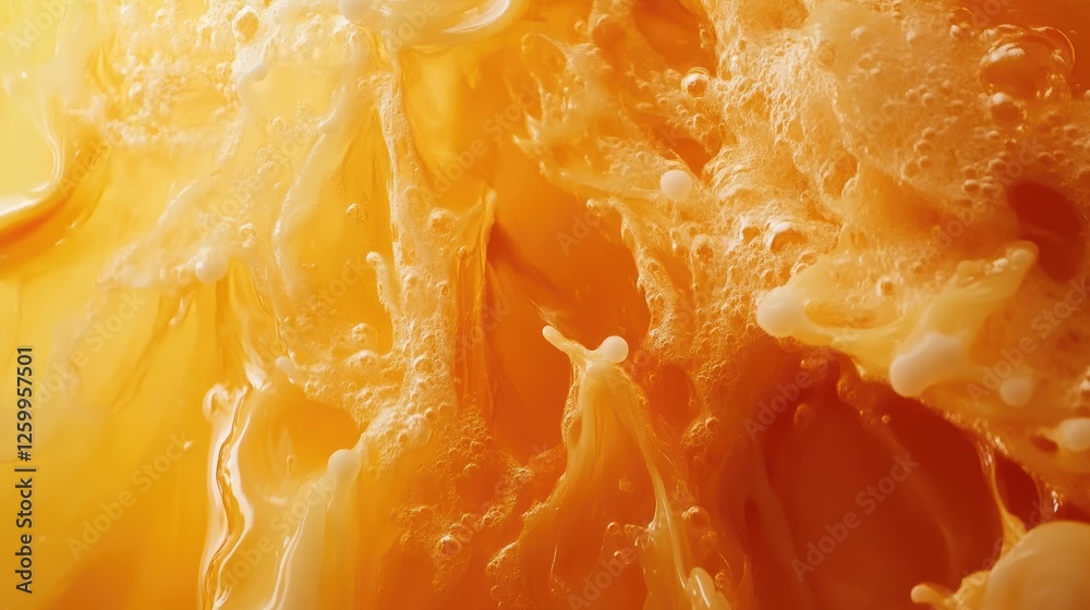 Orange juice splash, creamy texture, close-up, bubbles, background swirl Orange juice splash, creamy texture, close-up, bubbles, background swirl