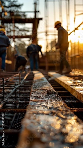 Construction engineer workers at sunset on a busy worksite.