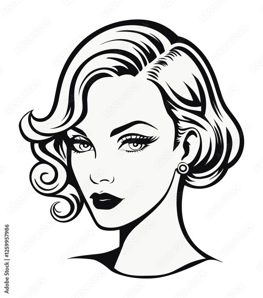 Woman face soft bob, medium length hair exquisite waves and curls in cinematic hairstyle 1930s Woman face soft bob, medium length hair exquisite waves and curls in cinematic hairstyle 1930s